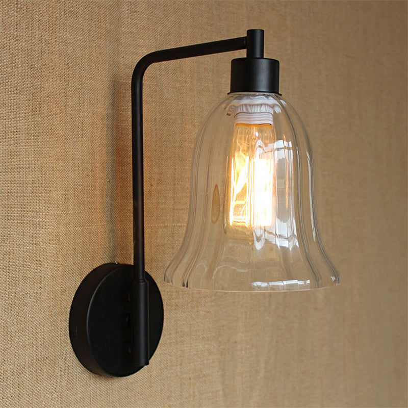 Vintage Ribbed Glass Wall Sconce - Black Bedroom Lamp / B