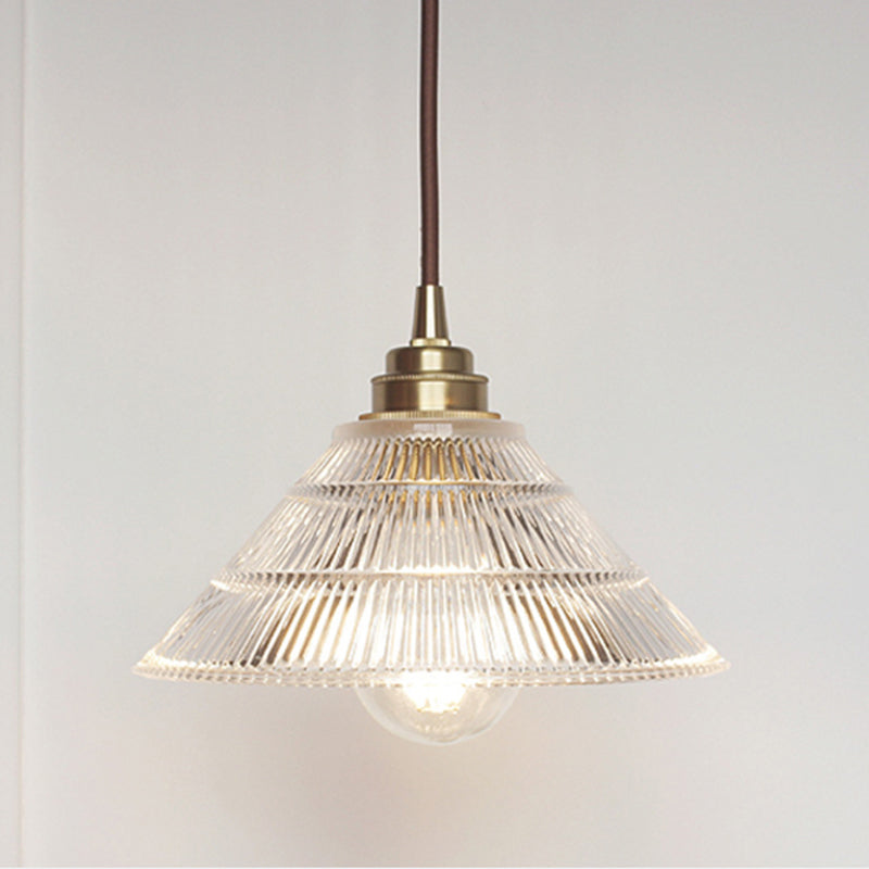 Cone Clear Ribbed Glass Pendulum Light: Minimalist 1-Light Suspension Lamp In Brass For Dining Table