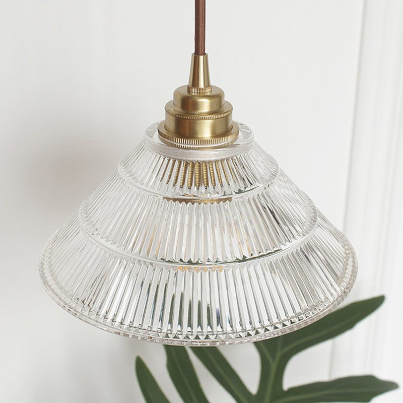 Cone Clear Ribbed Glass Pendulum Light: Minimalist 1-Light Suspension Lamp In Brass For Dining Table