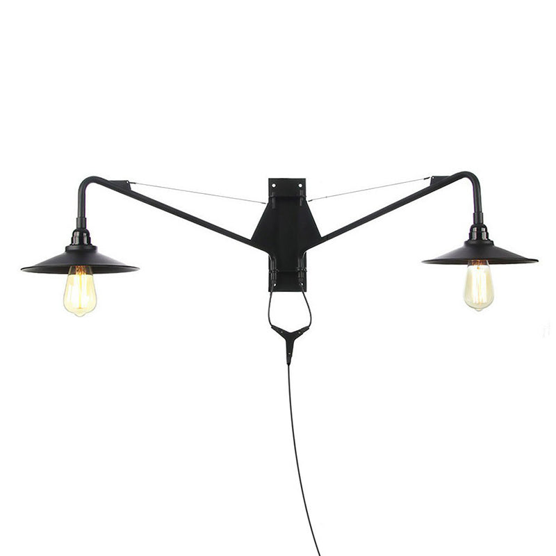 Scalloped/Exposed Industrial Wall Lamp - 1/2-Light Iron Swing Arm Lighting Black Plug-In Mount