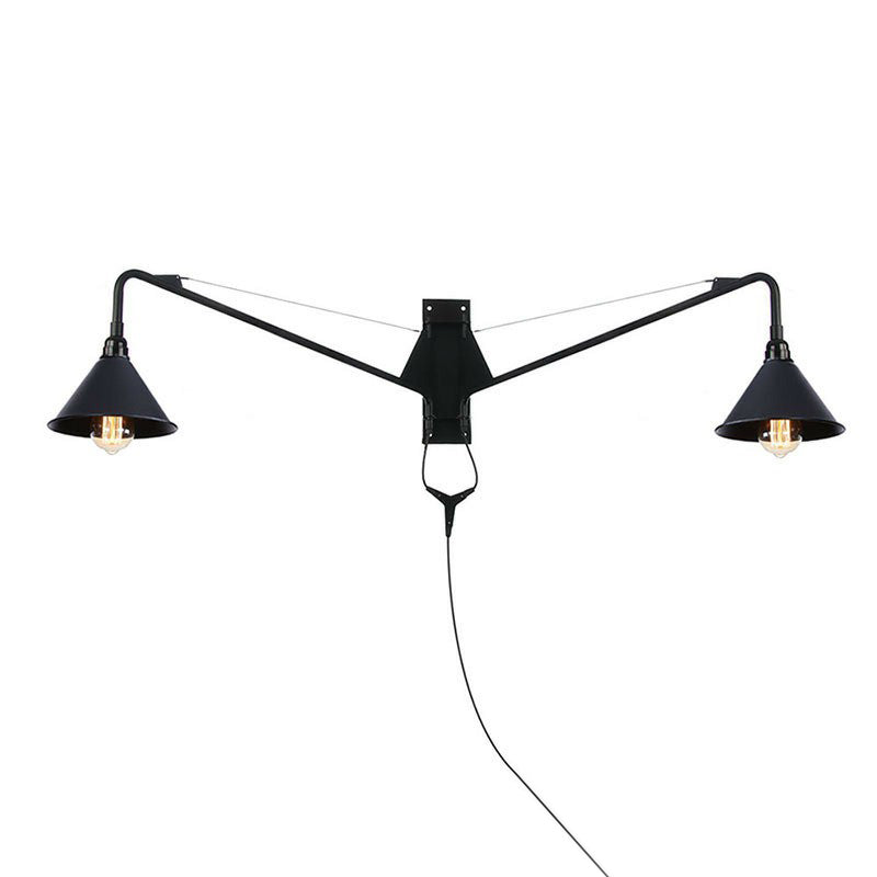 Scalloped/Exposed Industrial Wall Lamp - 1/2-Light Iron Swing Arm Lighting Black Plug-In Mount 2 / C