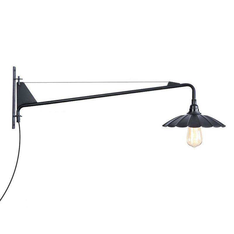 Scalloped/Exposed Industrial Wall Lamp - 1/2-Light Iron Swing Arm Lighting Black Plug-In Mount 1 / D