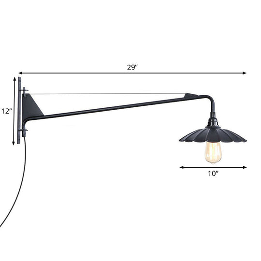 Scalloped/Exposed Industrial Wall Lamp - 1/2-Light Iron Swing Arm Lighting Black Plug-In Mount