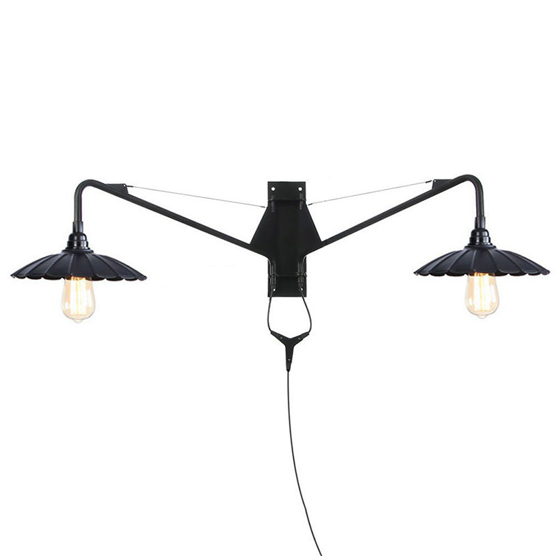 Scalloped/Exposed Industrial Wall Lamp - 1/2-Light Iron Swing Arm Lighting Black Plug-In Mount 2 / D