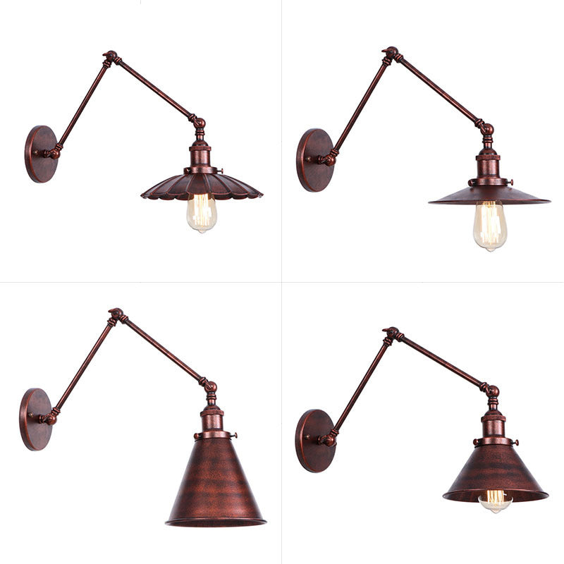 Rust Scalloped/Horn/Cone Wall Sconce Loft - 1 Head Workshop Reading Light With Long Swing Arm