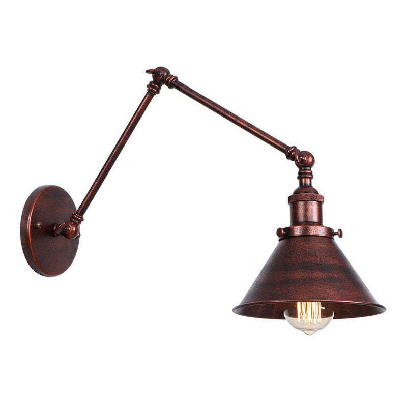 Rust Scalloped/Horn/Cone Wall Sconce Loft - 1 Head Workshop Reading Light With Long Swing Arm / 8 C
