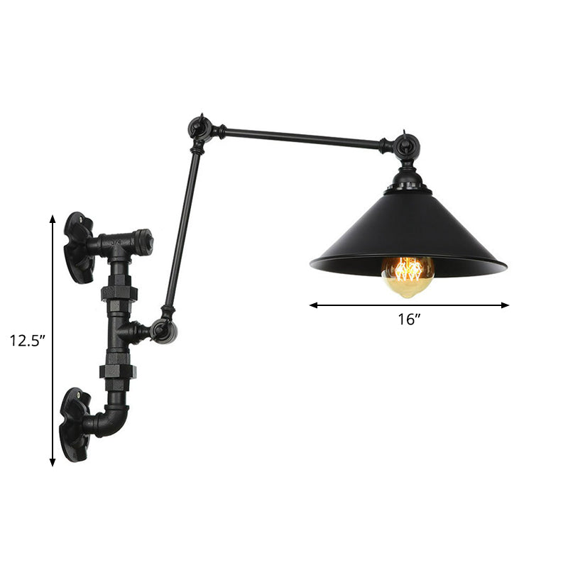 Industrial Iron Cone/Flared Wall Lamp - Black 1-Light Rotatable Fixture With Water Pipe Bracket