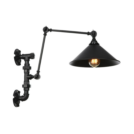 Industrial Iron Cone/Flared Wall Lamp - Black 1-Light Rotatable Fixture With Water Pipe Bracket / C