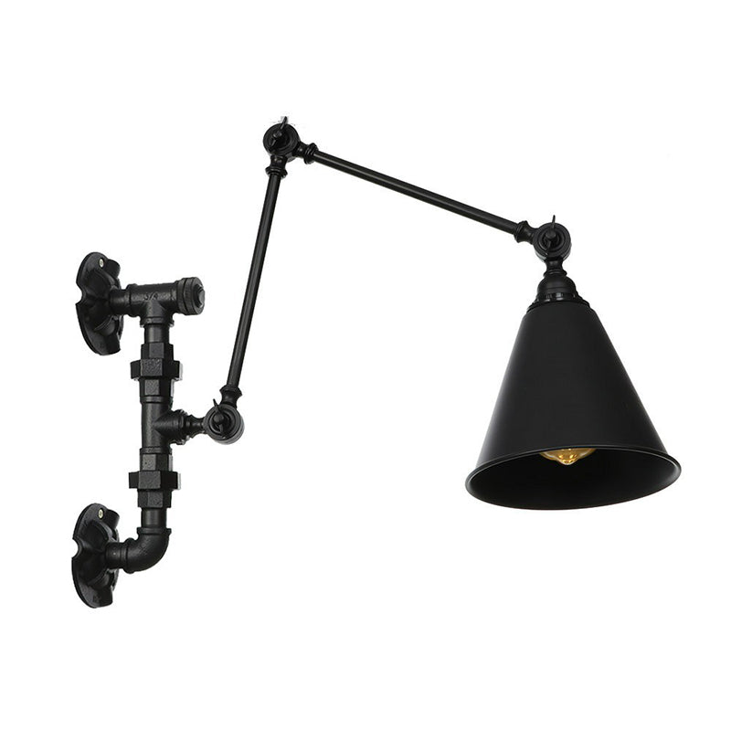 Industrial Iron Cone/Flared Wall Lamp - Black 1-Light Rotatable Fixture With Water Pipe Bracket / D