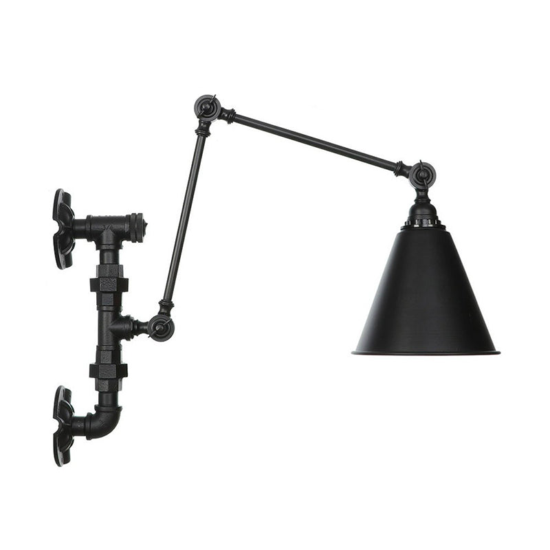 Industrial Iron Cone/Flared Wall Lamp - Black 1-Light Rotatable Fixture With Water Pipe Bracket