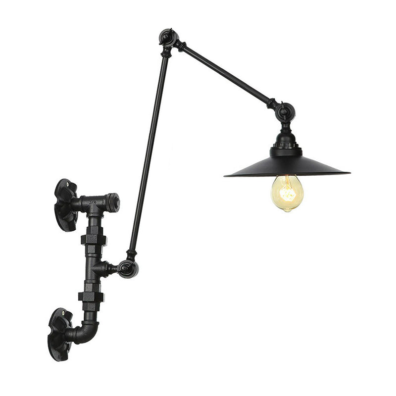 Industrial Iron Cone/Flared Wall Lamp - Black 1-Light Rotatable Fixture With Water Pipe Bracket / E