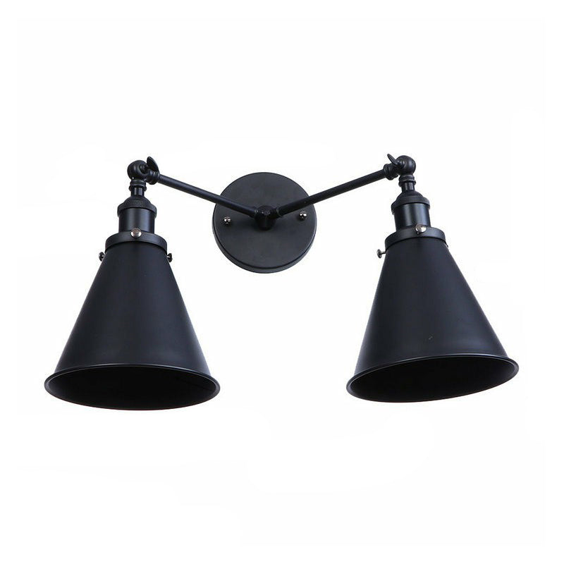Retro Conical/Scalloped Metal Wall Lamp With 2 Pivot Shades - Black Bathroom Fixture / D