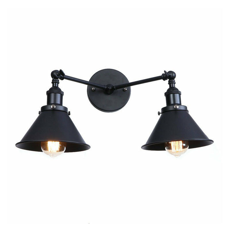 Retro Conical/Scalloped Metal Wall Lamp With 2 Pivot Shades - Black Bathroom Fixture / E