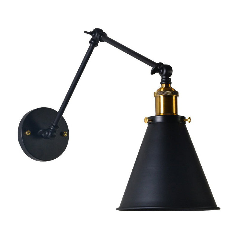 Rustic Metal Swing Arm Wall Lamp With Trumpet Shade - Dorm Room Reading Light Black