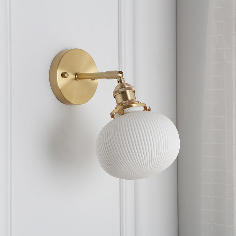 Country-Style Kitchen Wall Light Kit: Elliptical Ribbed Ceramic Lamp With Rotatable Brass Mount