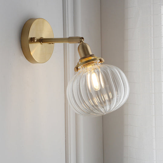 Small Brass Pumpkin Wall Lamp With Clear Ribbed/Blue Glass - Bedroom Lighting Adjustable Joint