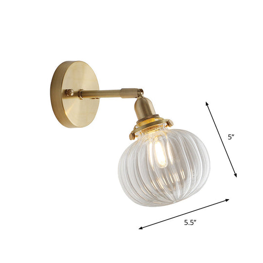 Small Brass Pumpkin Wall Lamp With Clear Ribbed/Blue Glass - Bedroom Lighting Adjustable Joint