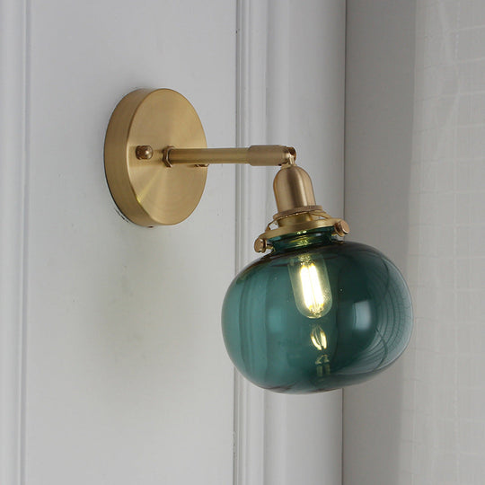 Small Brass Pumpkin Wall Lamp With Clear Ribbed/Blue Glass - Bedroom Lighting Adjustable Joint Blue