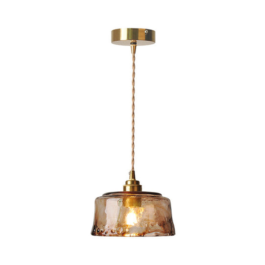 1-Light Suspended Lighting Fixture Rustic Dining Room Pendant Lamp with Round Amber Alabaster Glass Shade in Brass