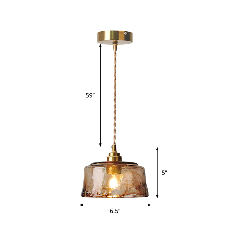 1-Light Suspended Lighting Fixture Rustic Dining Room Pendant Lamp with Round Amber Alabaster Glass Shade in Brass