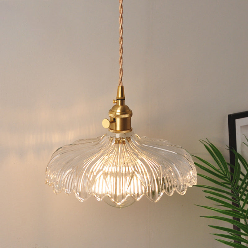Antique Brass Wall Hanging Lamp With Clear Prismatic/Wavy Glass Bedside Lighting Rotary Switch / H