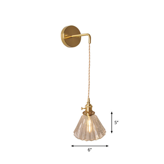 Antique Brass Wall Hanging Lamp With Clear Prismatic/Wavy Glass Bedside Lighting Rotary Switch