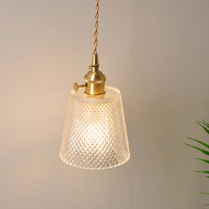 Antique Brass Wall Hanging Lamp With Clear Prismatic/Wavy Glass Bedside Lighting Rotary Switch / B
