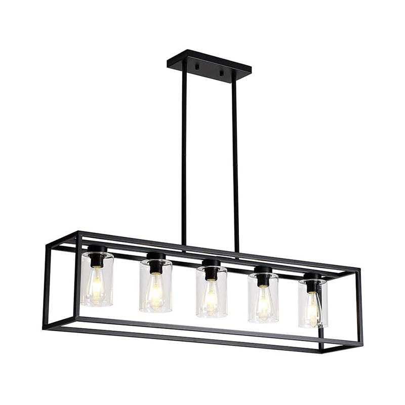 Industrial Clear Glass Pendant With Cylinder Shade 3/5 Lights Dinette Up/Down Island Lamp In Black