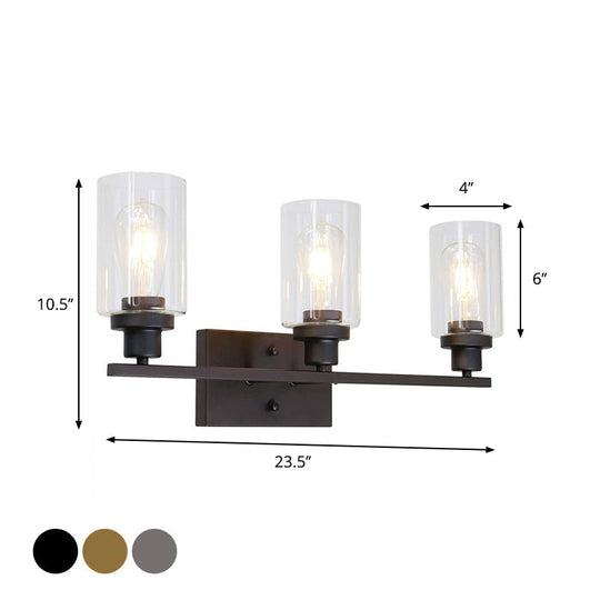 Industrial Cylinder Wall Mount Light - 2/3 Bulbs Black/Brass/Nickel Clear Glass Lamp For Bathroom