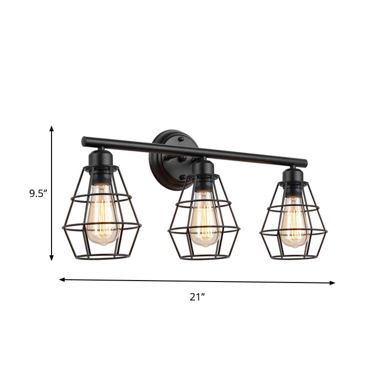 Industrial Linear Iron Wall Mounted Vanity Light With Clear Glass And Diamond Cage In Black - 3-Head