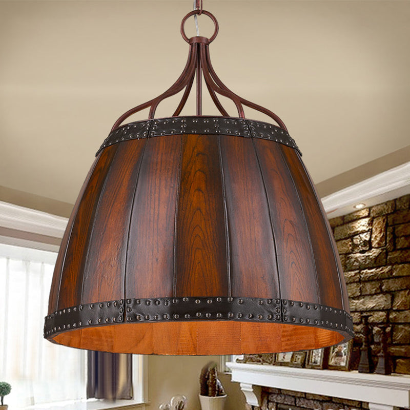 Rustic Brown Wood Drum Pendant Light - 4 Bulbs Living Room Chandelier Lamp