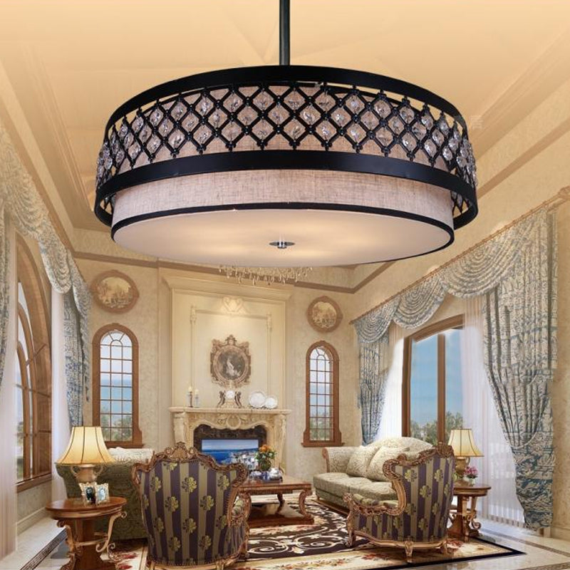 Handcrafted Fabric Drum Pendant Farmhouse Chandelier With Crystal Detailing - 5-Light Bedroom