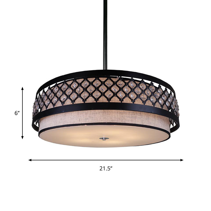 Handcrafted Fabric Drum Pendant Farmhouse Chandelier With Crystal Detailing - 5-Light Bedroom