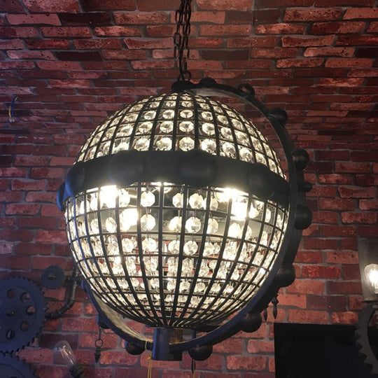 Rustic Wire Cage Globe Chandelier - 6 Bulbs Beveled Crystal Pendant Black Ceiling Light