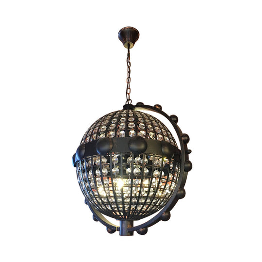 Rustic Wire Cage Globe Chandelier - 6 Bulbs Beveled Crystal Pendant Black Ceiling Light