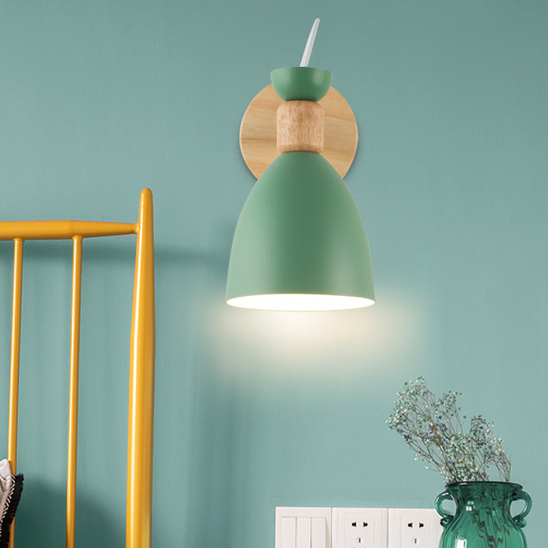 Dome-Shaped Metallic & Wooden Macaroon Wall Sconce Light For Kids Bedroom Green
