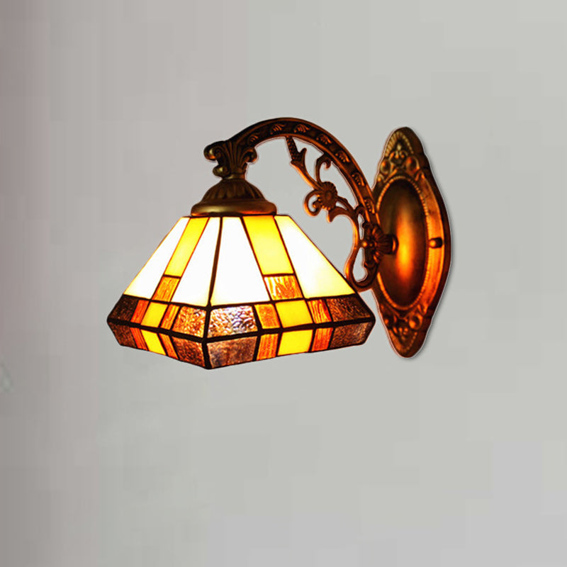 Mission Style Stained Glass Mini Wall Sconce Light In Antique Brass - Tapered Lighting
