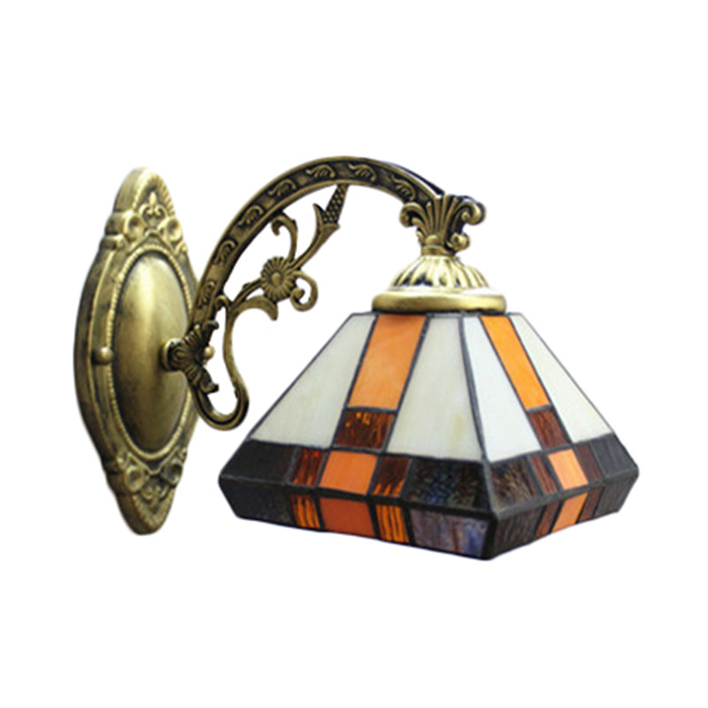 Mission Style Stained Glass Mini Wall Sconce Light In Antique Brass - Tapered Lighting