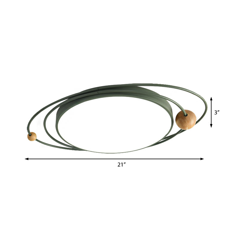 Nordic Style Metal Led Flush Ceiling Light - Drum Lamp With Orbit Design In Green/Grey/White