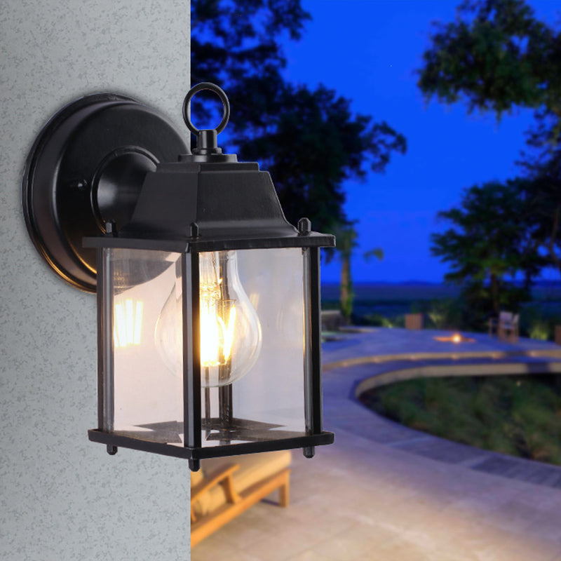 Outdoor Black Wall Mounted Sconce Lamp - Industrial Square Shade Clear Glass 1 Bulb