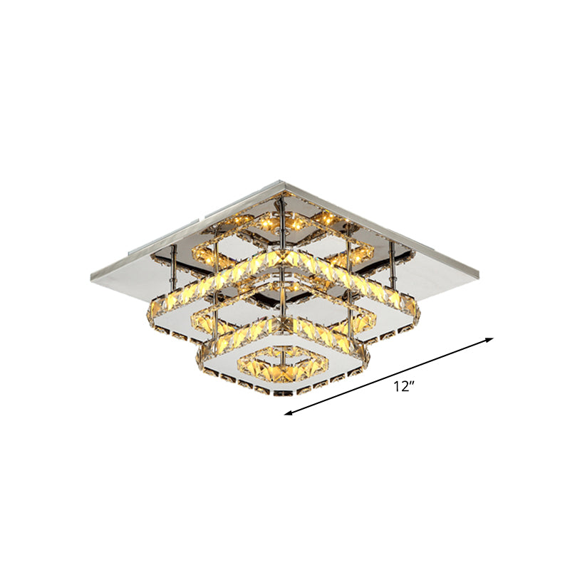 Modern Amber Crystal Block Ceiling Light - Square Layered Flush Mount In Chrome