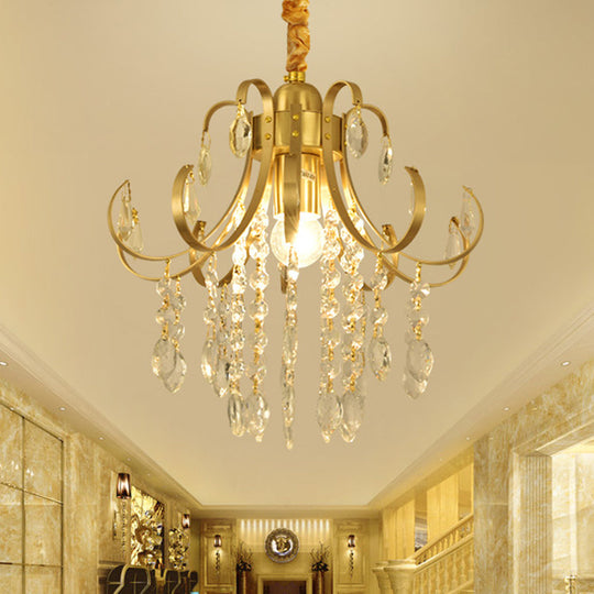 Glam Teardrop Pendant Light With Metal Curved Arm And Crystal Strands Chandelier Gold