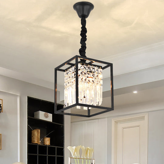 Crystal Cube Metal Cage Pendant Light For Dining Room Ceiling Black