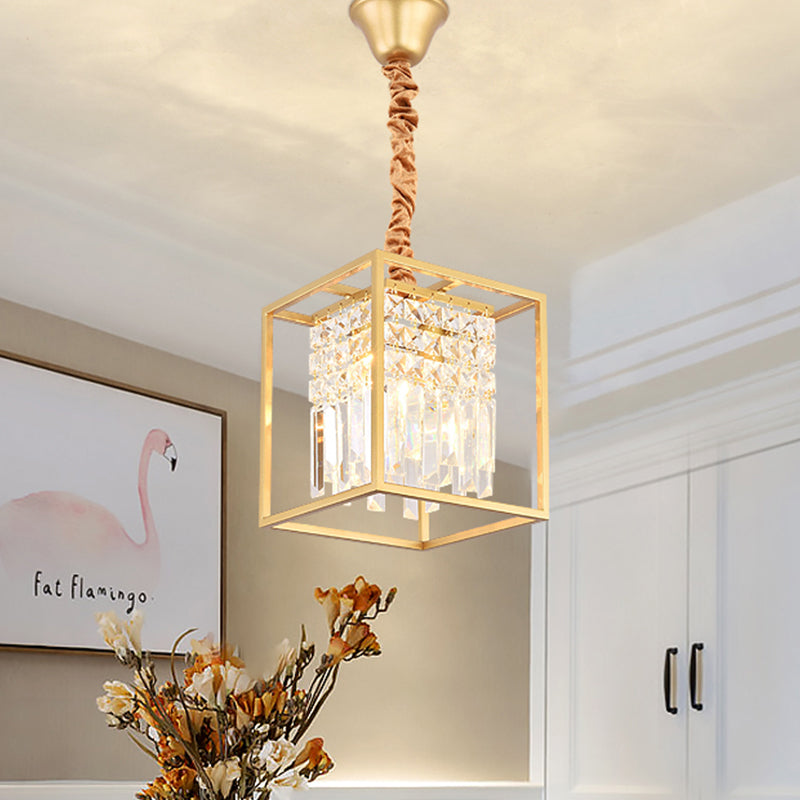 Crystal Cube Metal Cage Pendant Light For Dining Room Ceiling Gold