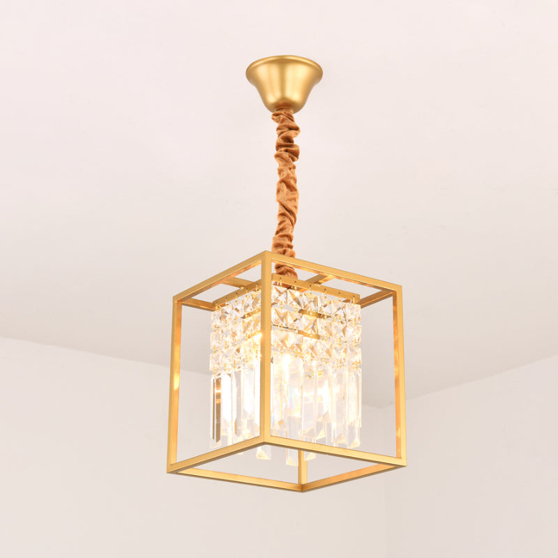 Crystal Cube Metal Cage Pendant Light For Dining Room Ceiling