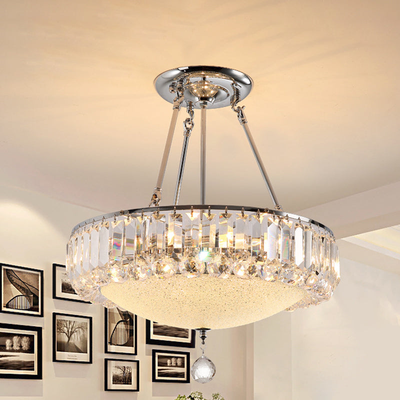 Cylinder Chrome Crystal Pendant Light With Frosted Glass Panel And Drop Accent