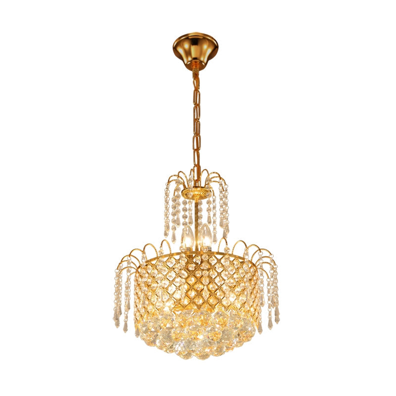 Gold Metal Shade Chandelier With Crystal Balls And Strands Elegant Drum Pendant