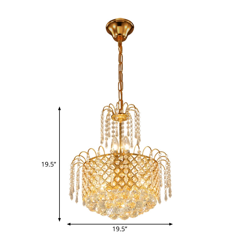 Gold Metal Shade Chandelier With Crystal Balls And Strands Elegant Drum Pendant