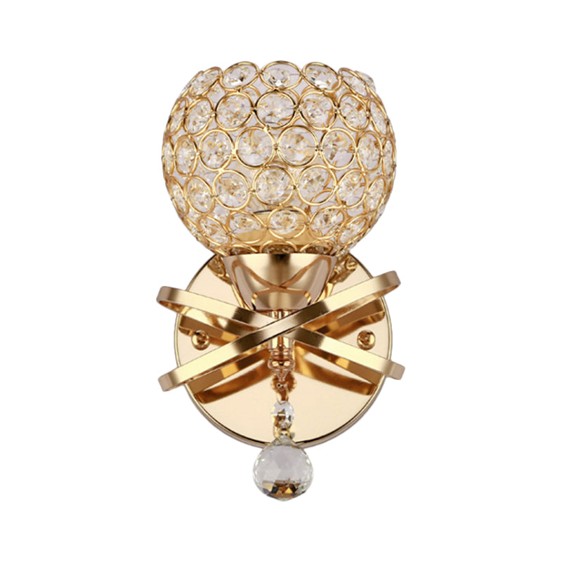 Globe Cutout Metal Shade Crystal Wall Sconce In Gold With Dropped Ball Accent