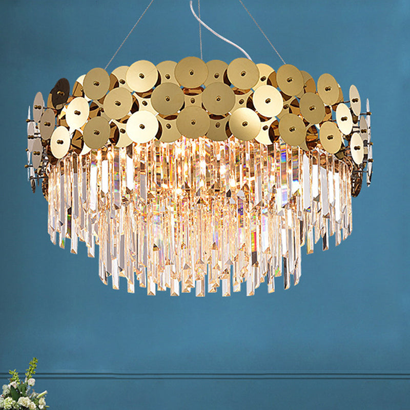 Glam Gold Metal Chandelier With Tier Crystal Rods And Drum Shade Ceiling Light